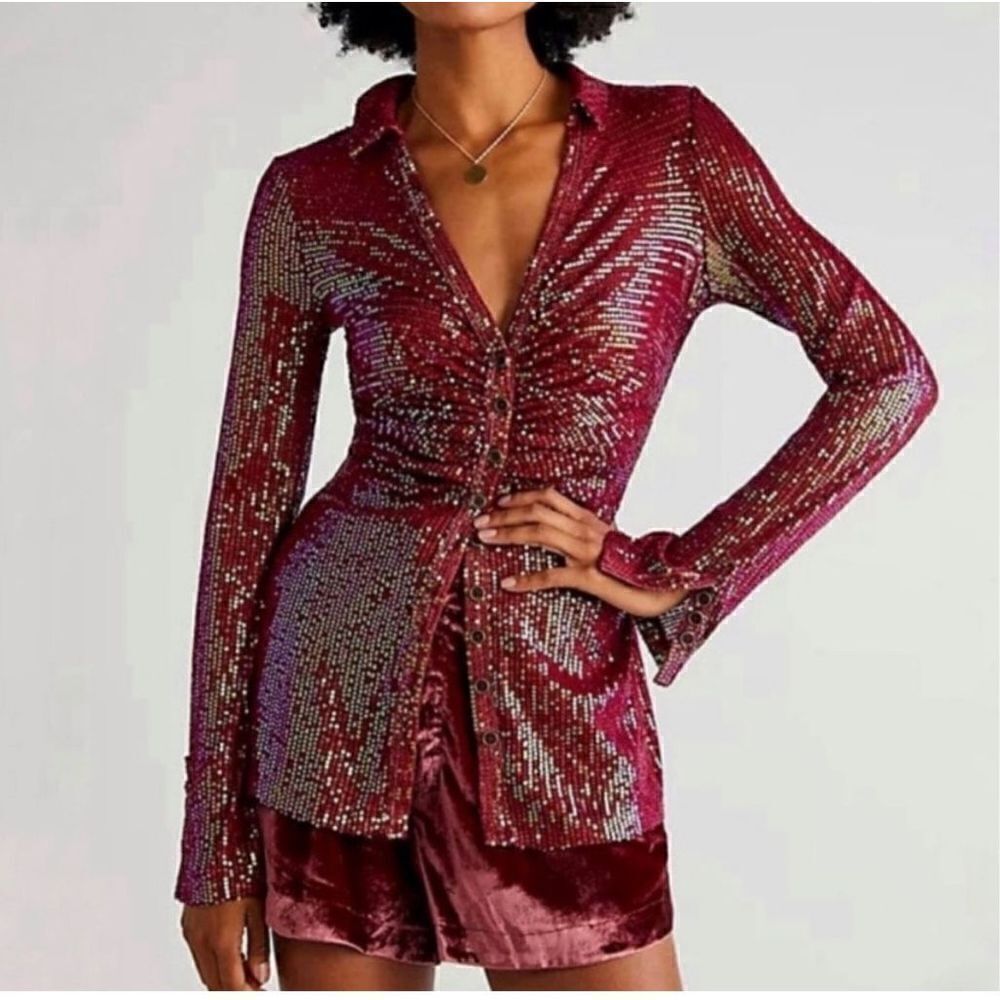 Free People  Iridescent Sequin Collared Ruched Longline Shirtee Dark Rhubarb siz
